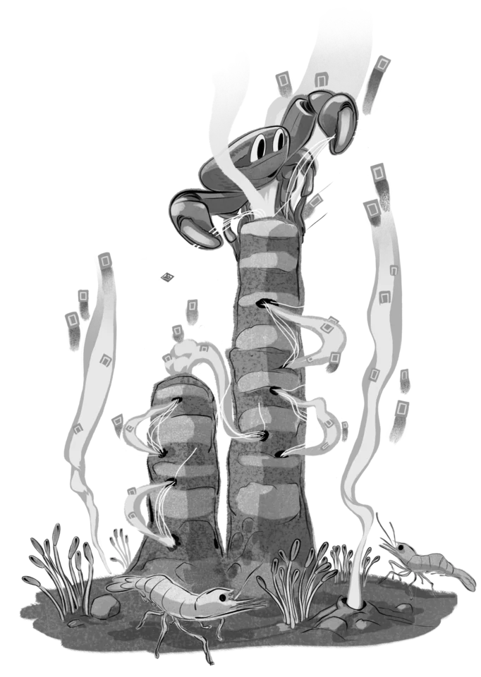An eel coiled around deep-sea pillars